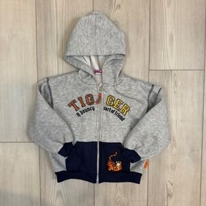 Vintage Disney Tigger Zip Up Hoodie Boys 4T Gray Navy Blue Fleece Sweatshirt